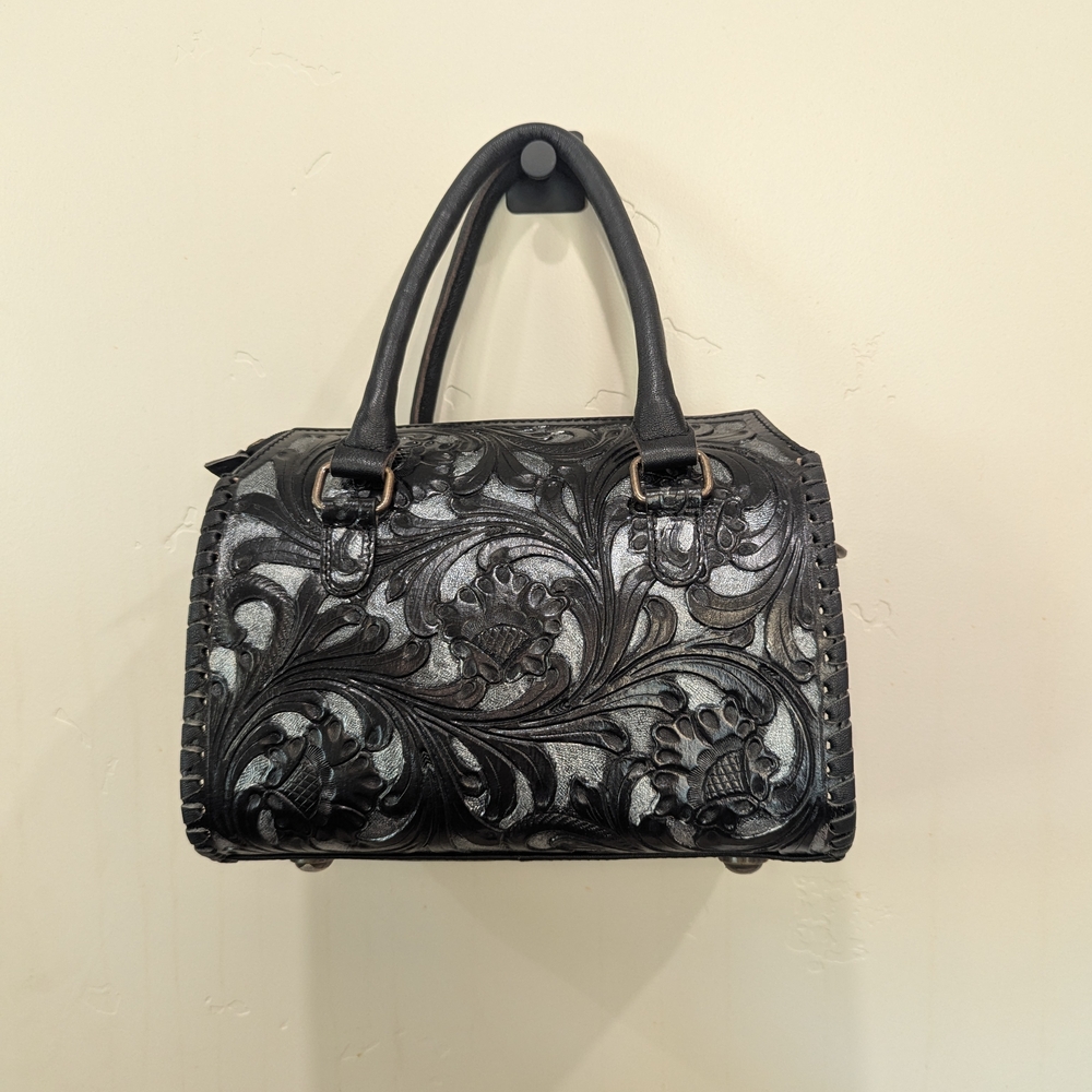 Black Floral Tooled Leather Satchel - Unbranded